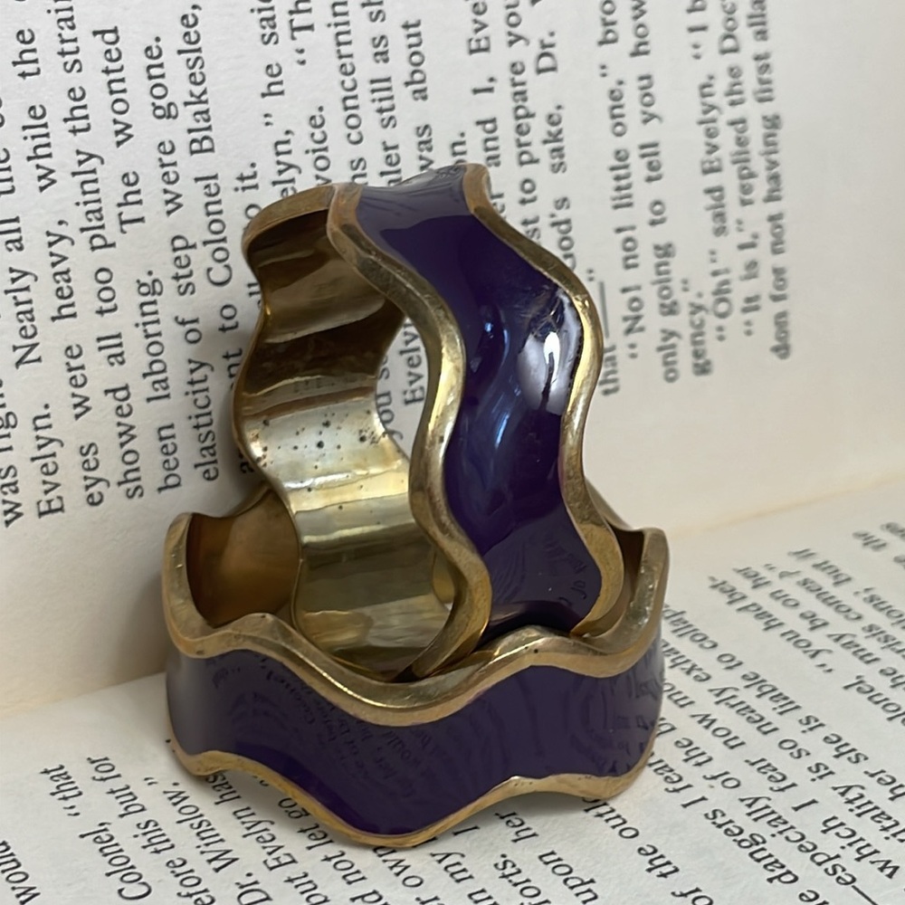 Pair Brass‎ & Enamel Purple & Gold Wavy Napkin Rings